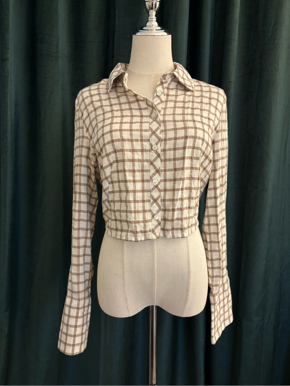 Zara Cream and Brown Plaid Button-Down Crop Shirt